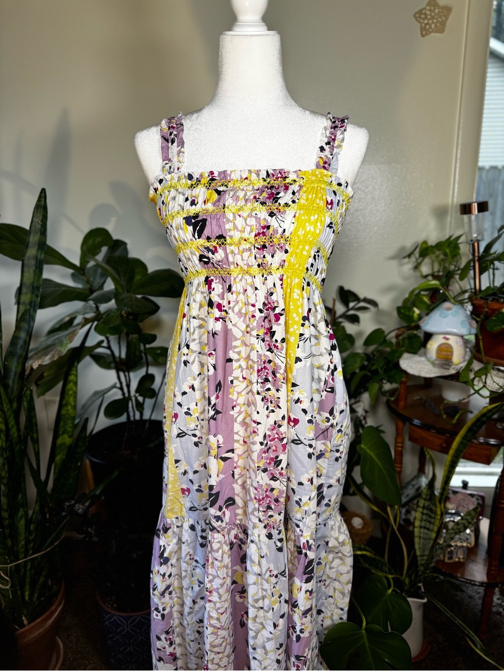 French Connection White Floral Midi Dress with Yellow & Lavender Accents